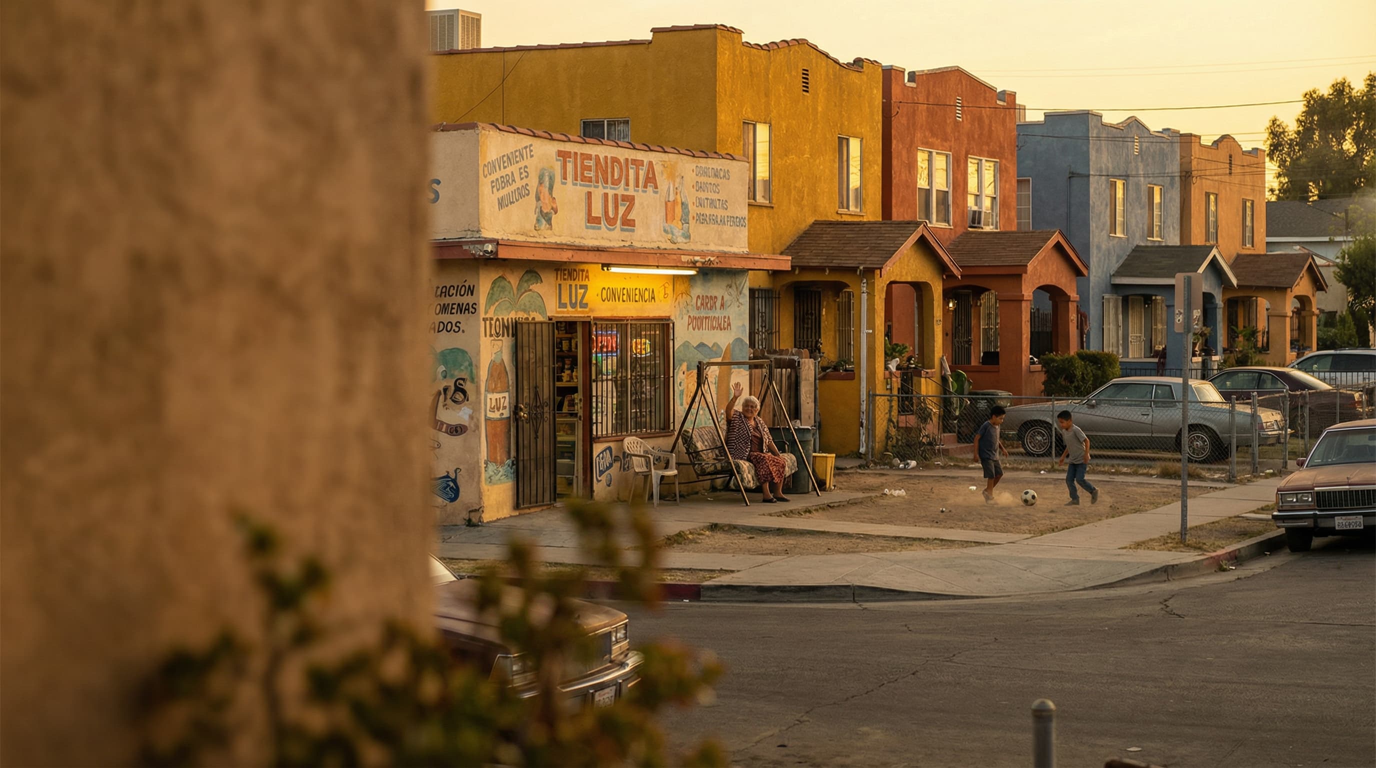LA barrio street with tiendita at golden hour